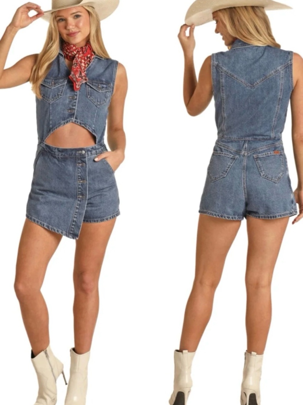Rock & Republic Sleeveless Blue Denim Cutout Romper